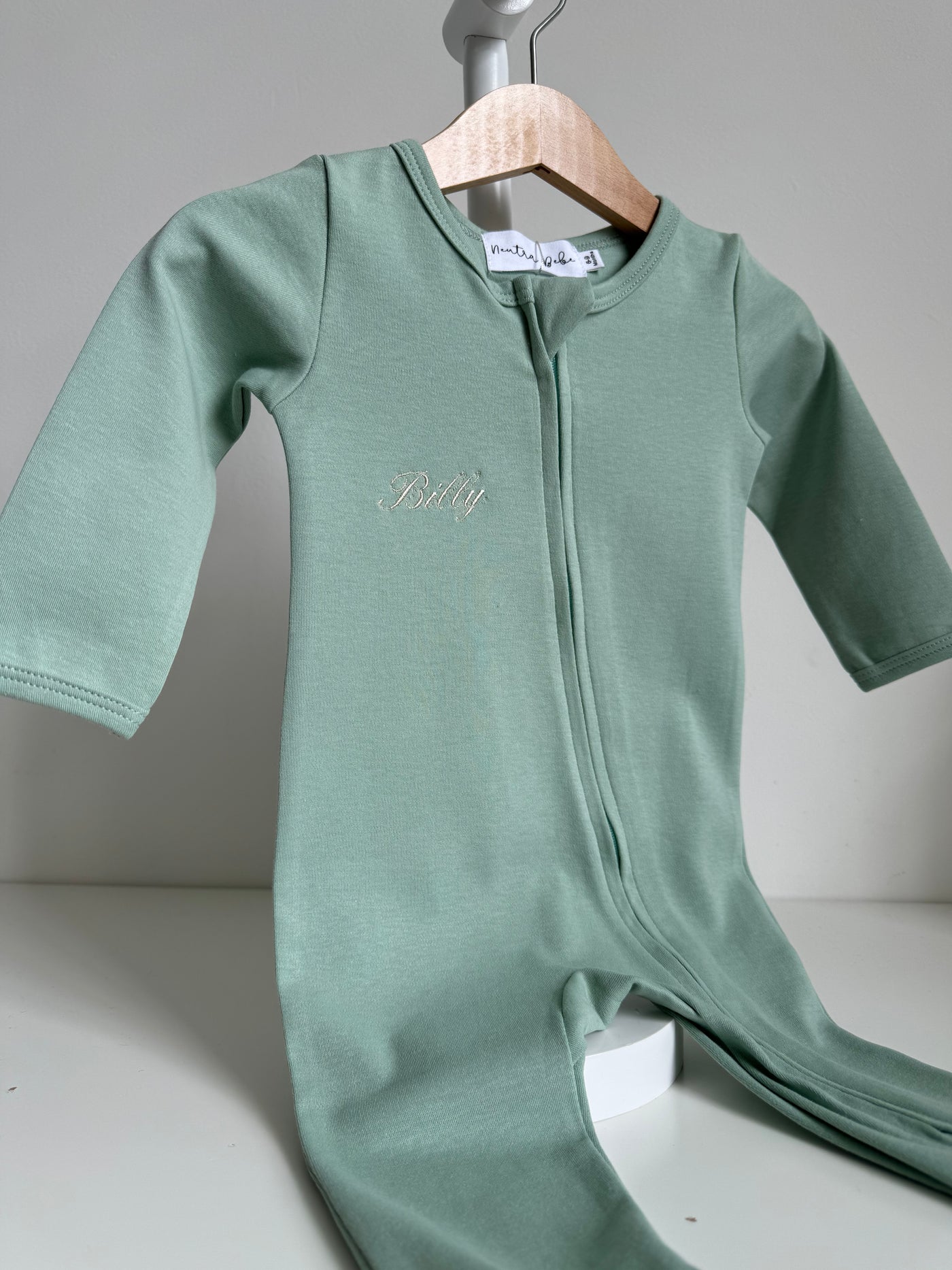 Sage Personalised Double Zip Baby Grow