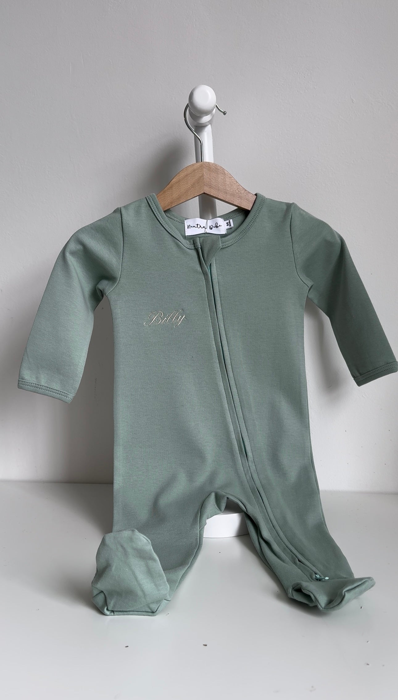 Sage Personalised Double Zip Baby Grow