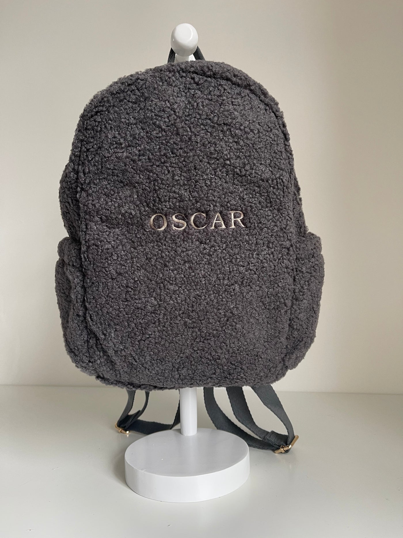 Personalised Charcoal Grey Boucle Teddy Backpack