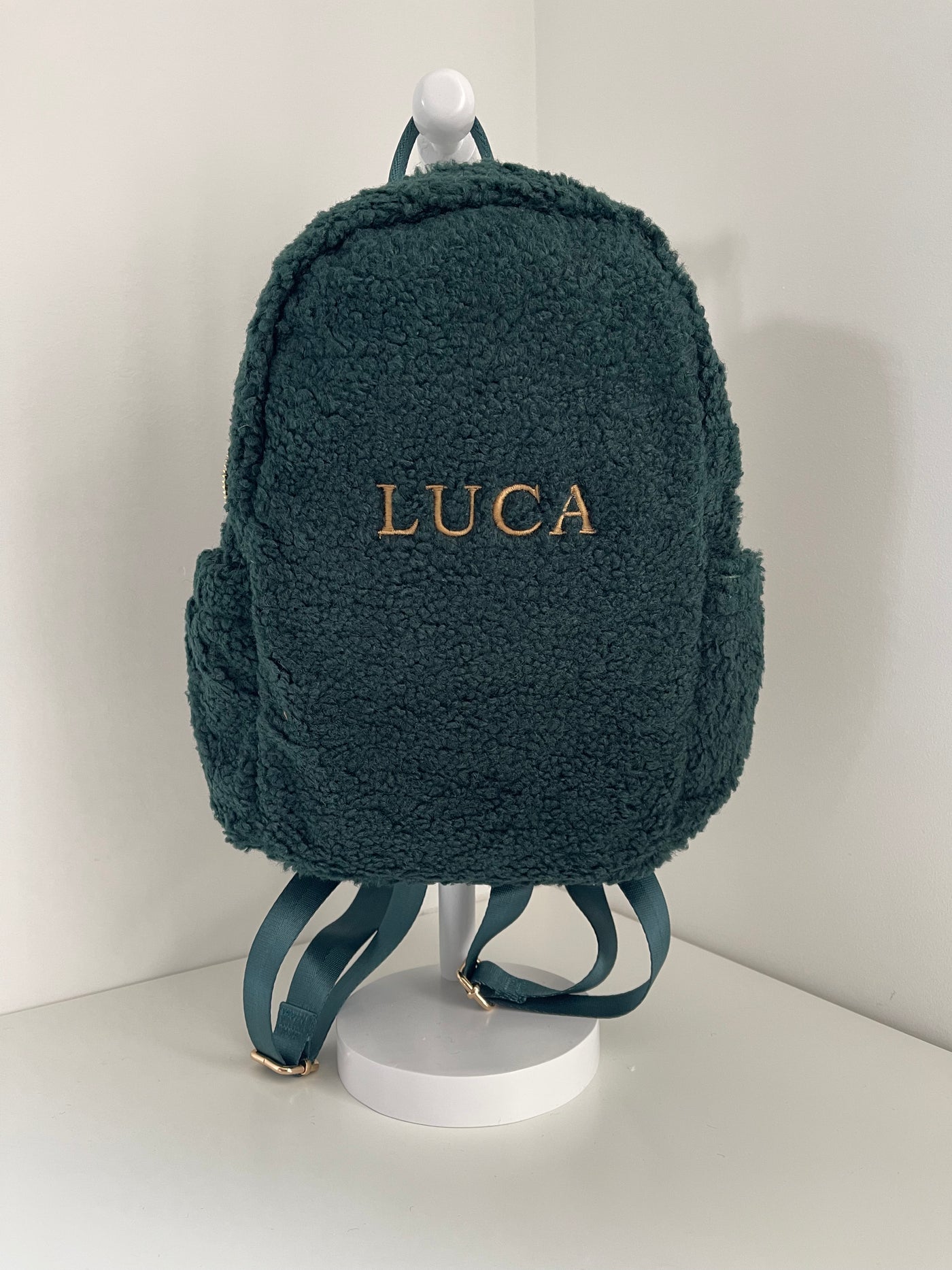 Personalised Forest Green Boucle Teddy Backpack