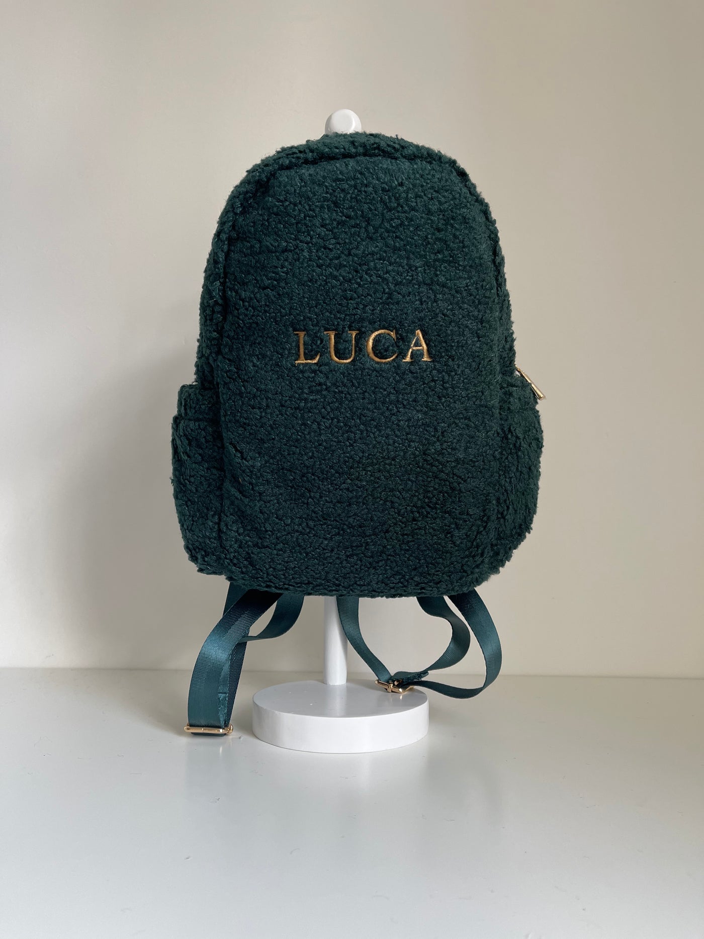 Personalised Forest Green Boucle Teddy Backpack