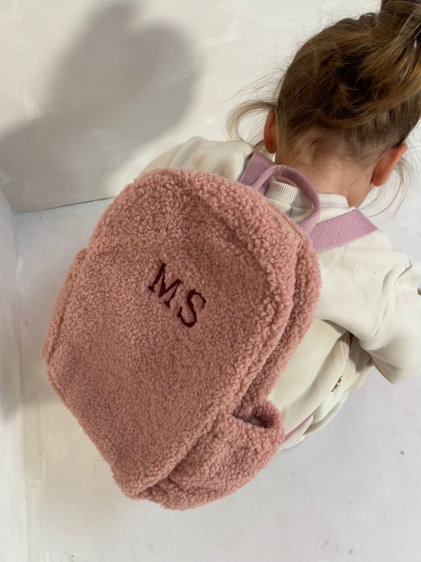 Personalised Dusty Rose Boucle Teddy Backpack